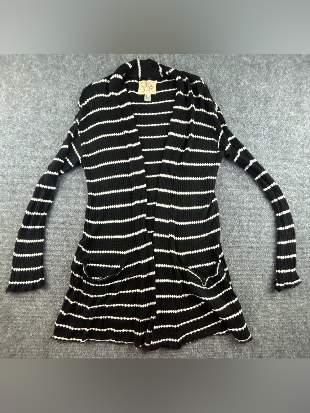 Chaser Black and White Striped Open Cardigan Pockets Size L